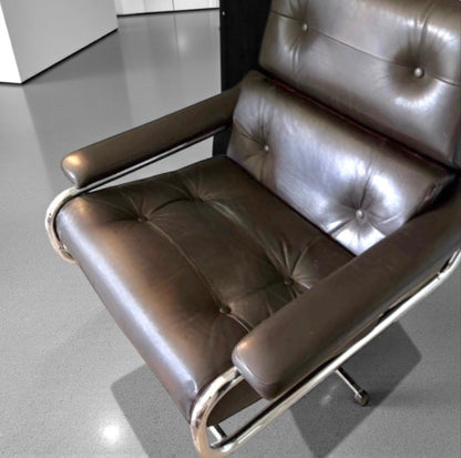 Tim Bates Pieff Alpha Original Brown Leather & Chrome Swivel Lounge Chair 1970s