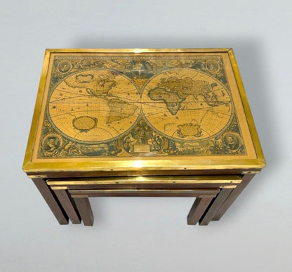 Mid-century Maison Jansen Attributed Campaign Nest 3 World Map Tables Brass c1960
