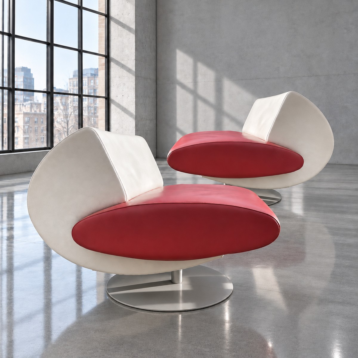 Pair Mid-Century Vintage Italian Space Age Leather Lounge Chairs 1970s Red/Cream