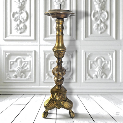 Pair of Antique Brass Candlesticks – Lion Mask & Acanthus Bases – Empire Revival Style c.1880