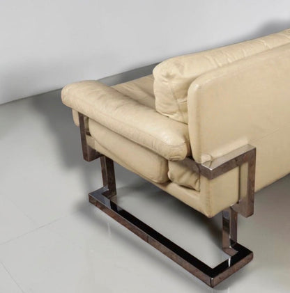 TIM BATES PIEFF 1970'S MANDARIN LEATHER CHROME 3 SEATER SOFA RARE BEIGE COLOUR