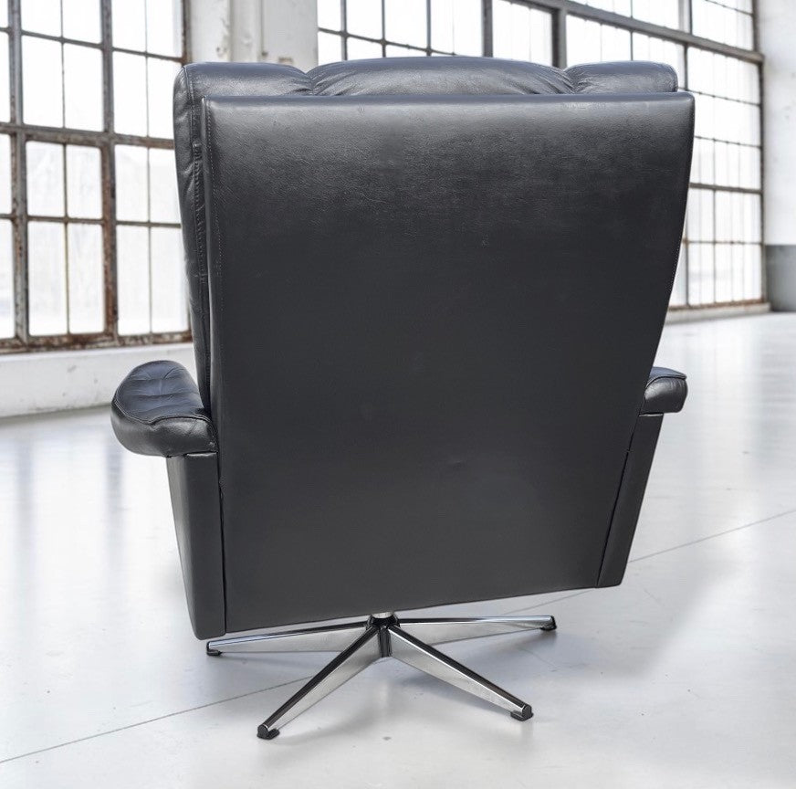Mid Century Danish H.W. Klein Bramin Black Leather Swivel Lounge Chair Attributed 1970s