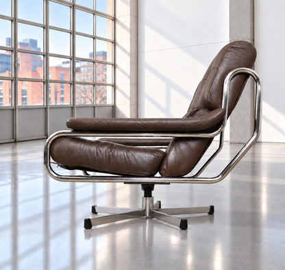 Mid Century Pieff Alpha Brown Leather & Chrome Swivel Lounge Chair 1970s