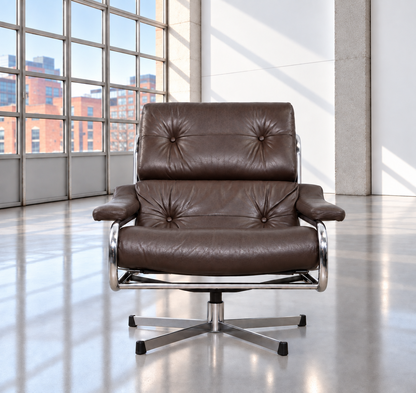 Mid Century Pieff Alpha Brown Leather & Chrome Swivel Lounge Chair 1970s