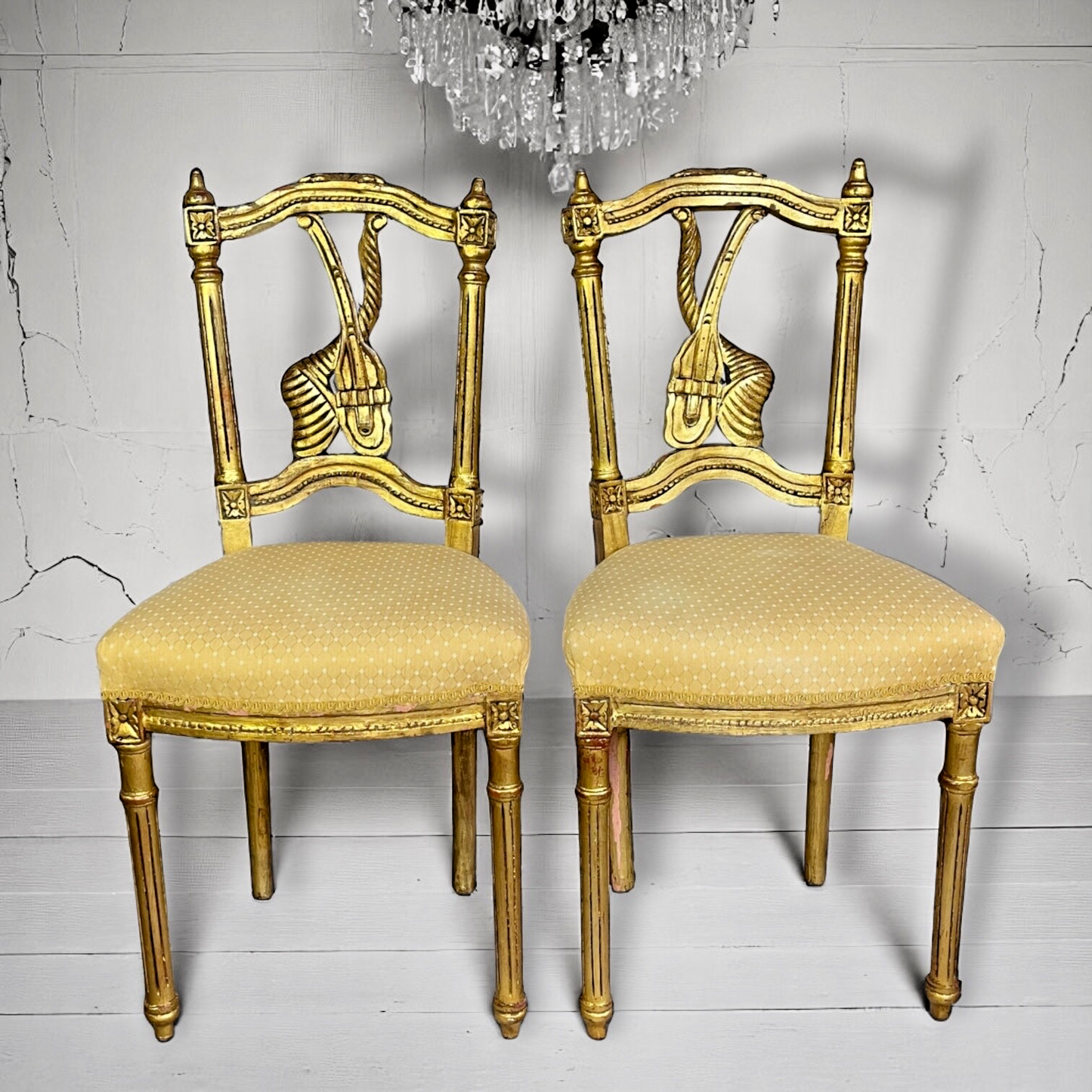 A Pair Of Antique Louis XVI Style Gilt-wood Side Chairs – Lyre Back, Fluted Legs, c.1900
