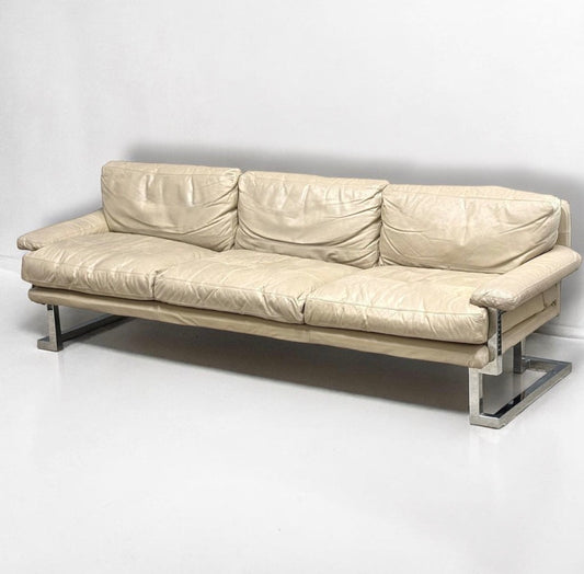 TIM BATES PIEFF 1970'S MANDARIN LEATHER CHROME 3 SEATER SOFA RARE BEIGE COLOUR