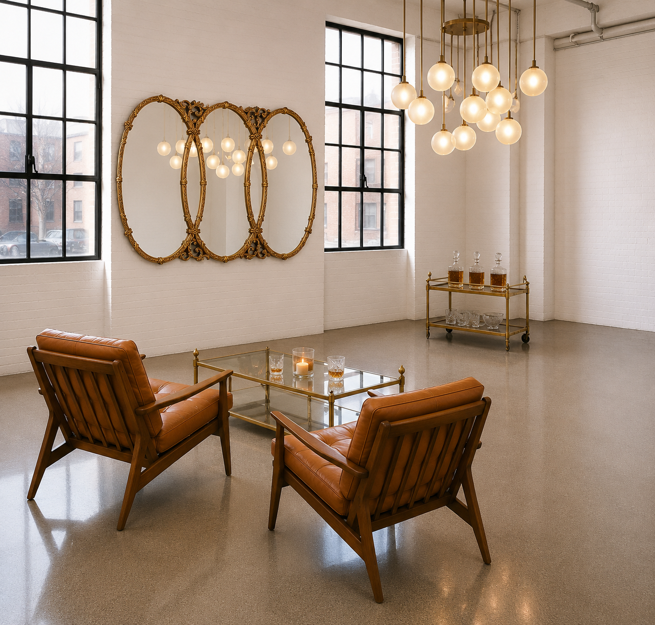 Gilt Hollywood Regency Mirror Triptych Triple Interlocking Oval Wall Bassett 1970