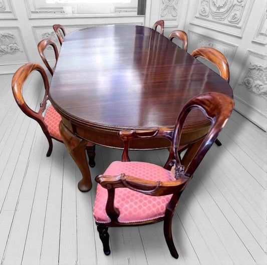 Antique Mahogany Dining Set – 10ft Wind-Out Table & 8 Balloon Back Chairs c1900