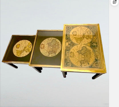 Mid-century Maison Jansen Attributed Campaign Nest 3 World Map Tables Brass c1960