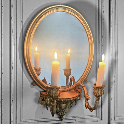 Pair Antique French Louis XVI Giltwood Mirrored Sconces Fine Carved Girandoles c.1830 Original Mercury Glass.