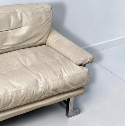 TIM BATES PIEFF 1970'S MANDARIN LEATHER CHROME 3 SEATER SOFA RARE BEIGE COLOUR