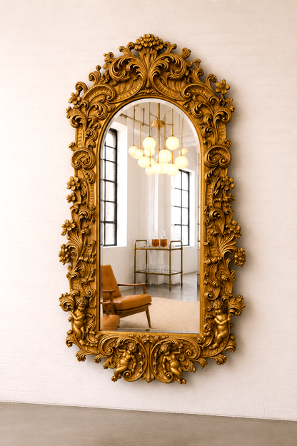French 19th C Rococo Revival Giltwood Mirror – Cherubs, Antique Gesso