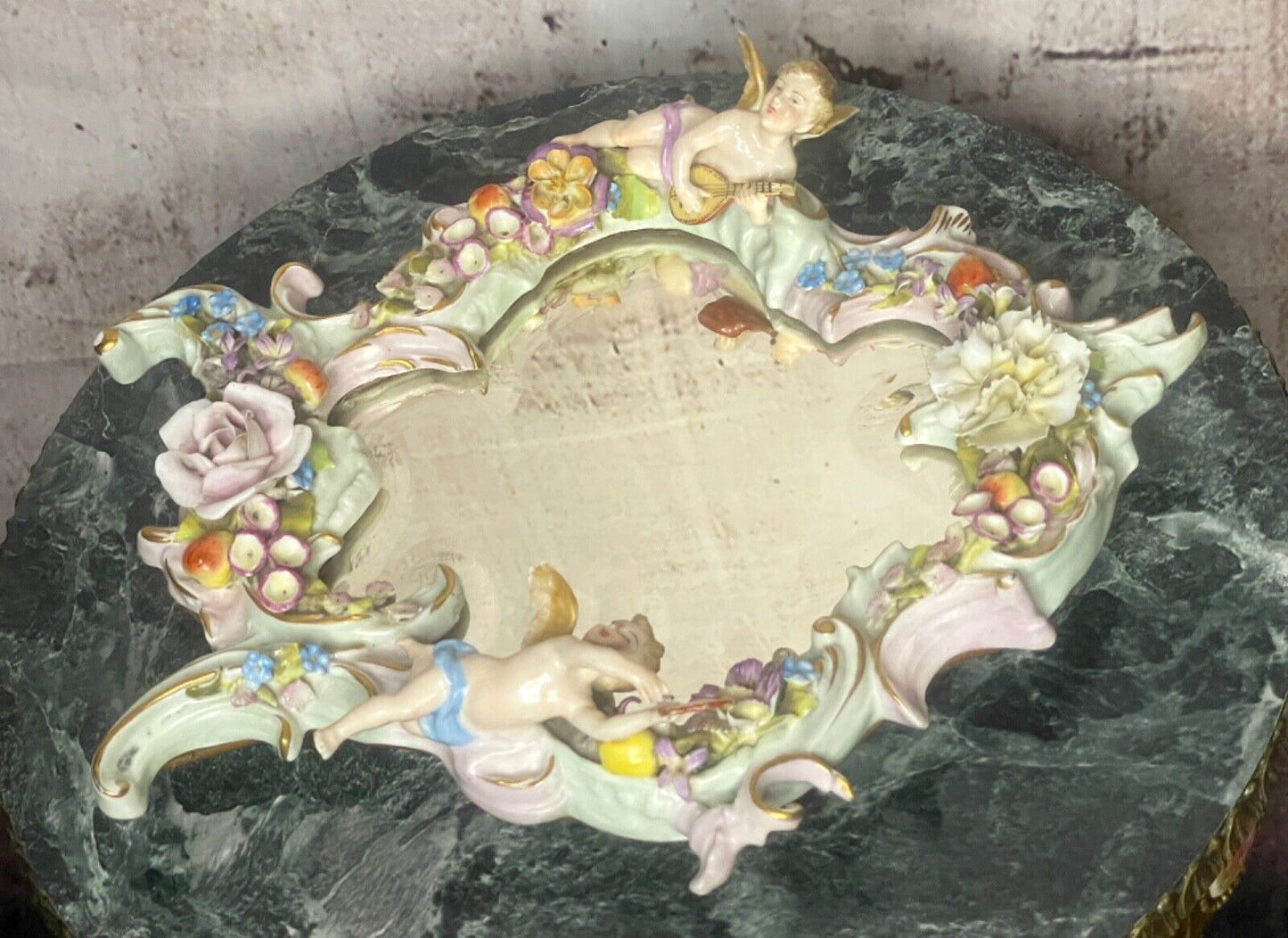 Sherholtz Dresden Porcelain Cherub Flower Vanity Mirror ,wall mount or stand.