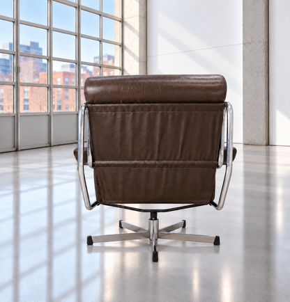 Mid Century Pieff Alpha Brown Leather & Chrome Swivel Lounge Chair 1970s