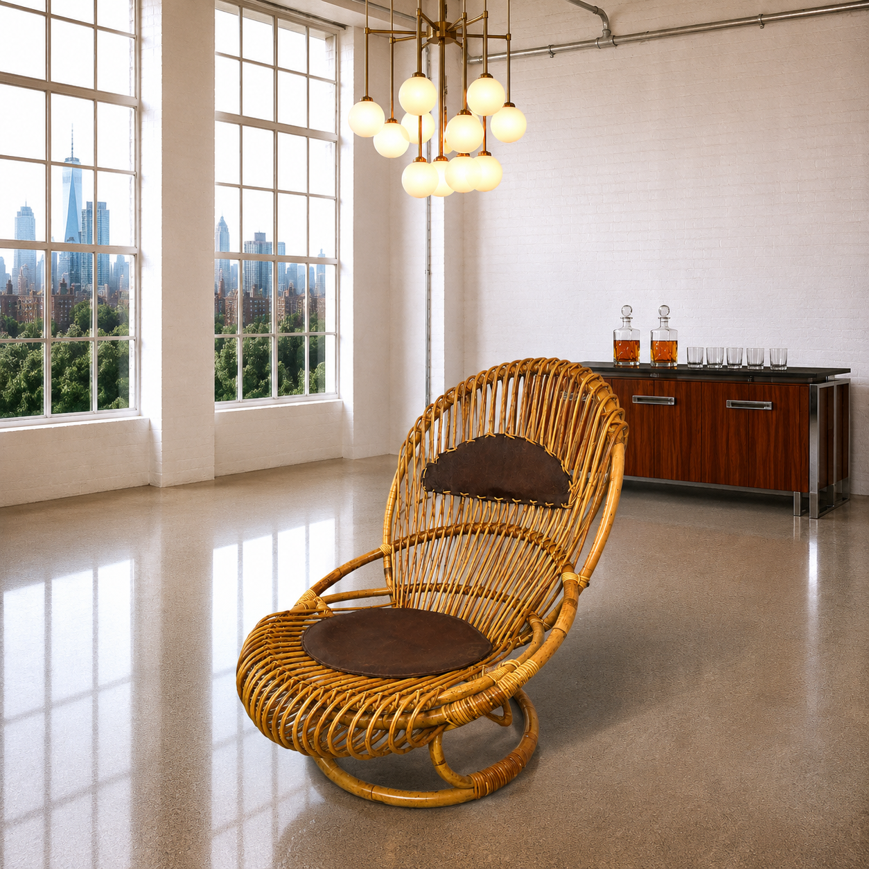 Rare Italian Mid-Century Tito Agnoli for Bonacina Bamboo & Leather Lounge Chair