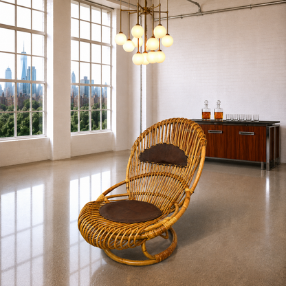 Rare Italian Mid-Century Tito Agnoli for Bonacina Bamboo & Leather Lounge Chair