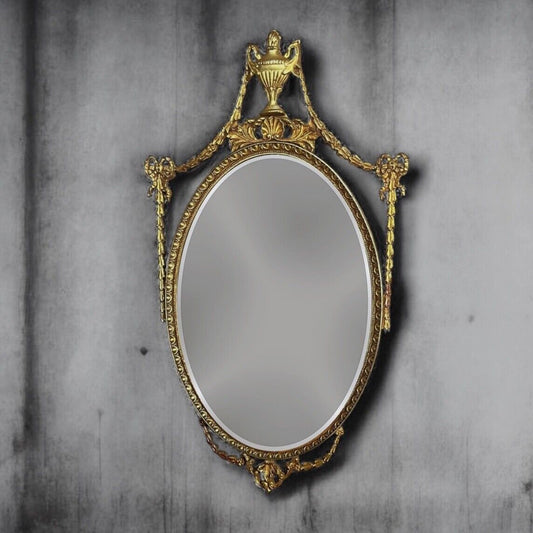 Large Antique Regency Adams Style Gilt Decorative Oval Bevelled Mirror.