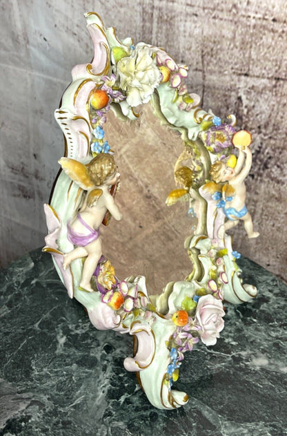 Sherholtz Dresden Porcelain Cherub Flower Vanity Mirror ,wall mount or stand.