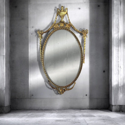 Large Antique Regency Adams Style Gilt Decorative Oval Bevelled Mirror.