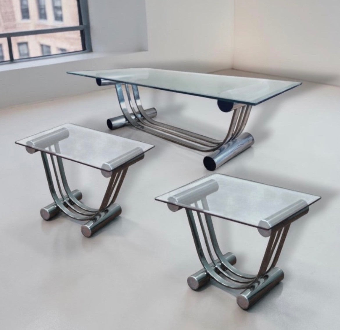 1970's Set of 3DIA Design Institute of America Glass,Chrome Drinks,Coffee Tables