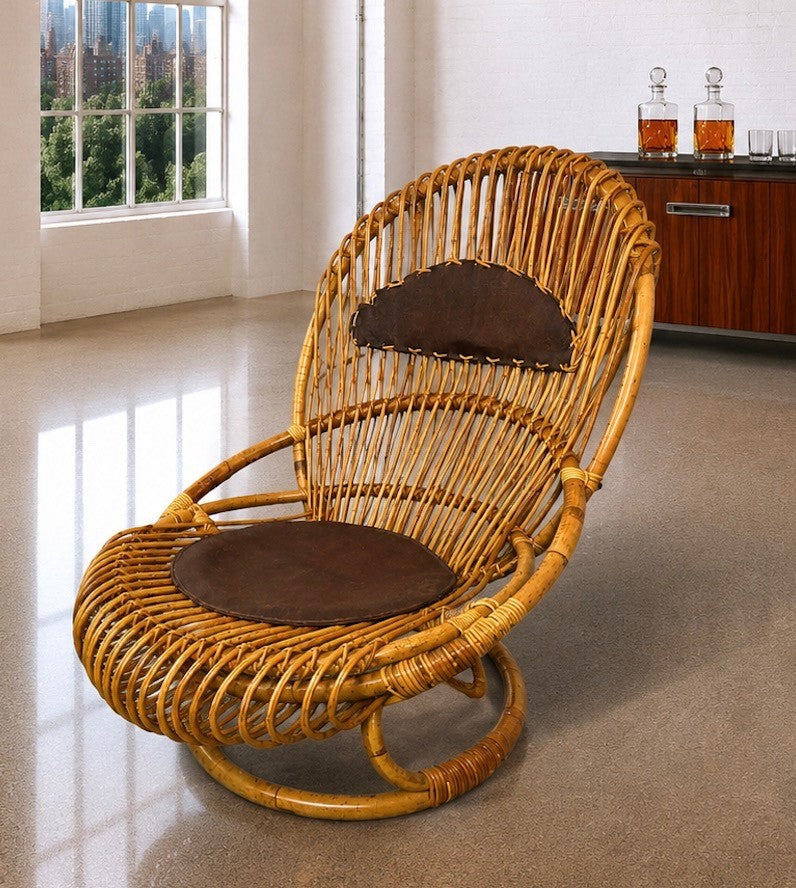 Rare Italian Mid-Century Tito Agnoli for Bonacina Bamboo & Leather Lounge Chair