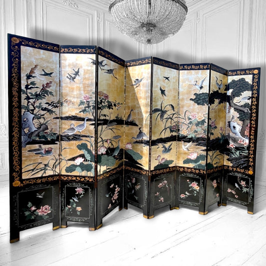 Antique Chinese 8-Panel Hand-Painted Coromandel Gold Gilt and Lacquer Screen.