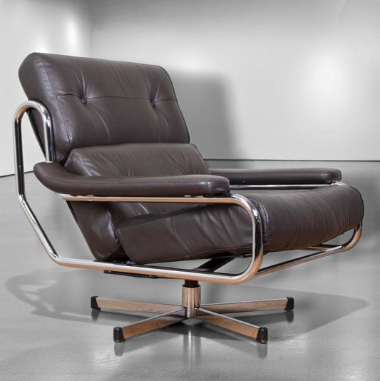 Tim Bates Pieff Alpha Original Brown Leather & Chrome Swivel Lounge Chair 1970s