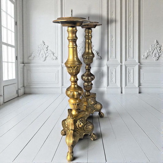 Pair of Antique Brass Candlesticks – Lion Mask & Acanthus Bases – Empire Revival Style c.1880