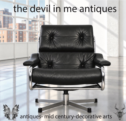 Mid Century Pieff Alpha Black Leather & Chrome Swivel Lounge Chair 1970s (Copy)