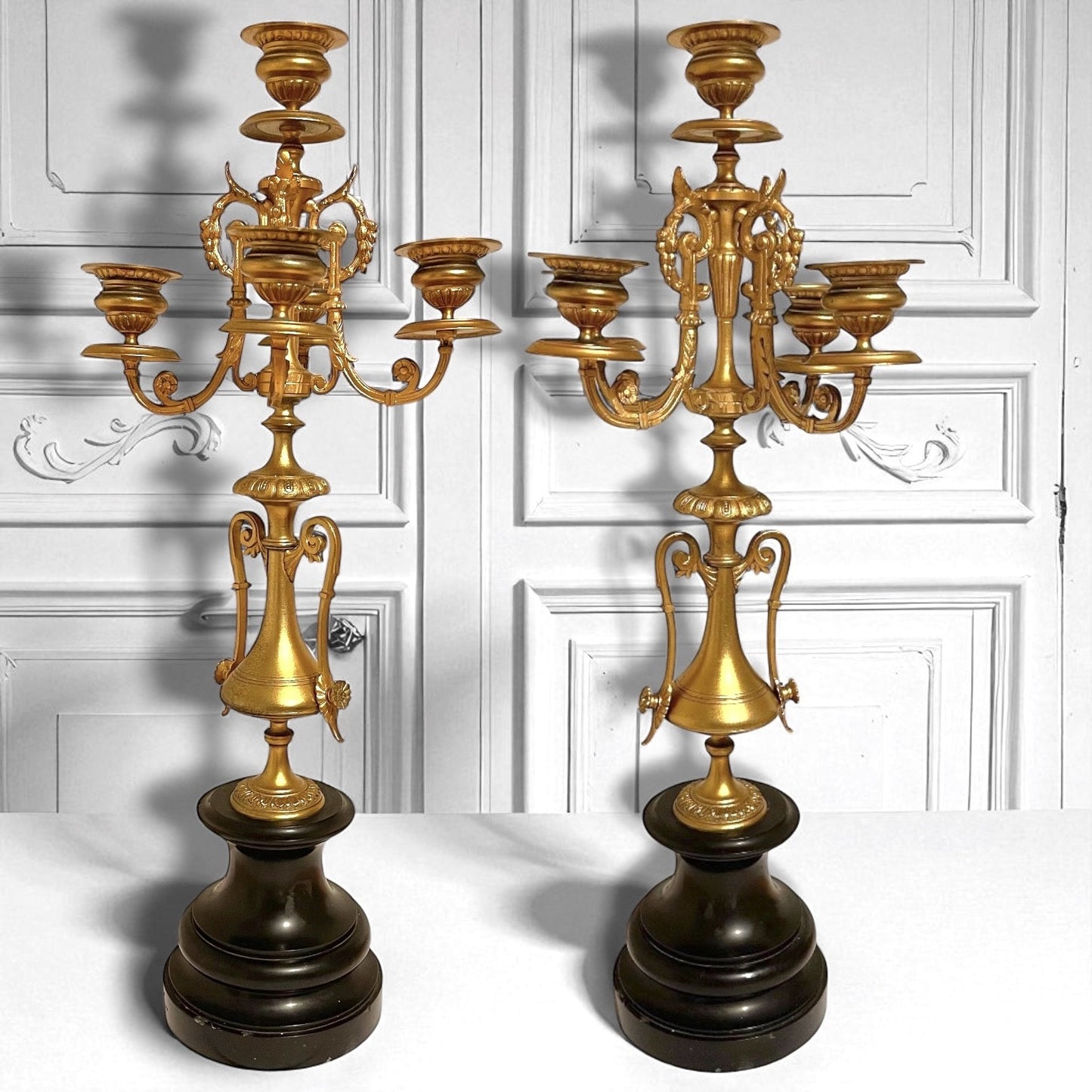 Pair of Tall Antique French Empire-Style Gilt Ormolu/Slate Candelabras 1880,  20 inches high