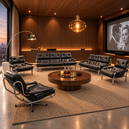 1970s Pieff Alpha lounge suite in original black leather with polished chrome frames, attributed to Tim Bates.