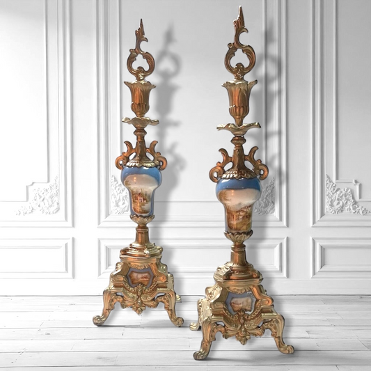 Pair of Antique French Ormolu & Porcelain Candlesticks Hand-Painted Landscape Panels – Rococo Revival, c. 1880–1900