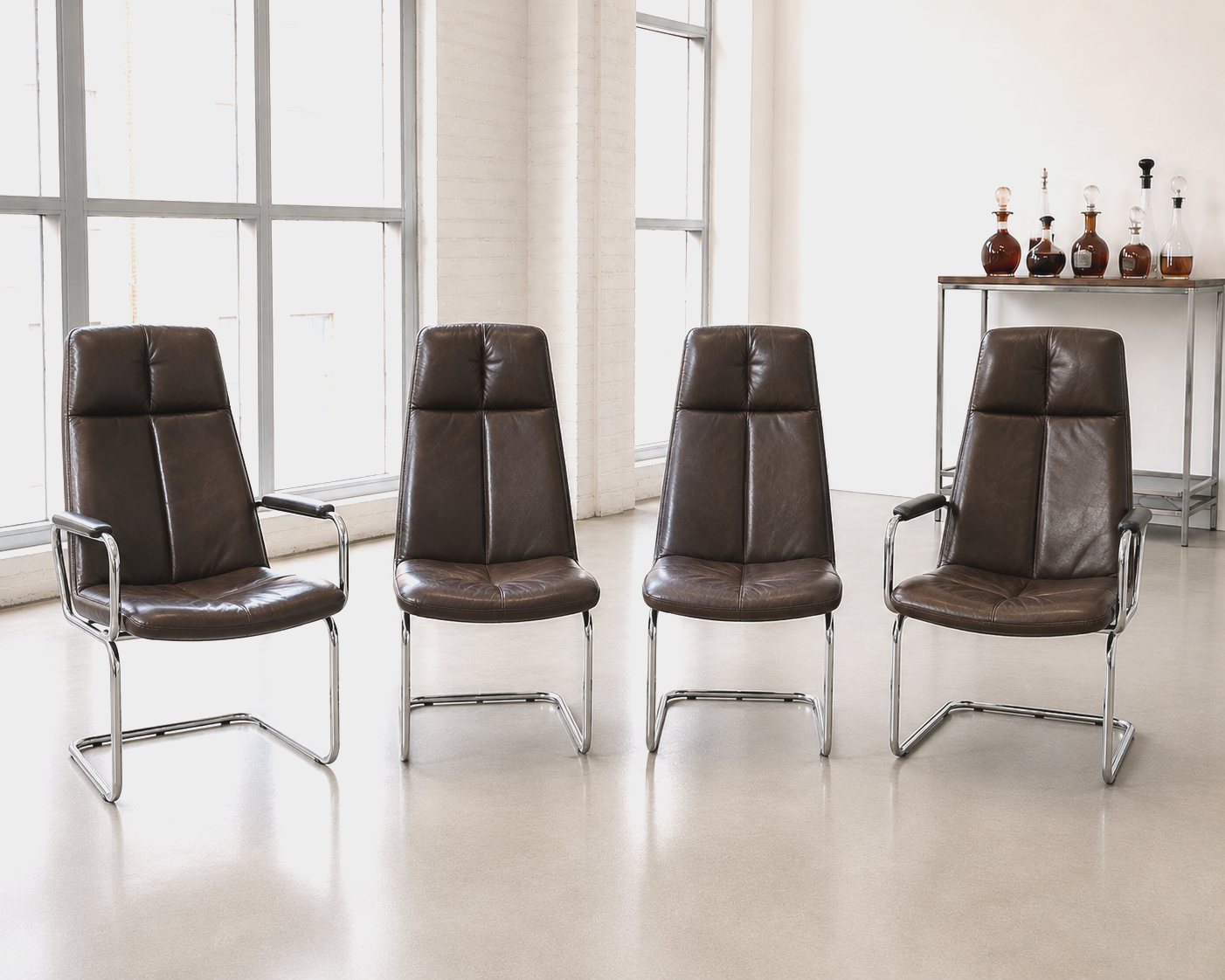 Pieff Eleganza Dark Brown Leather Dining 4 Chairs by Tim Bates 1970's (2 Carvers & 2 Chairs)