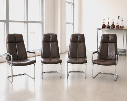 Pieff Eleganza Dark Brown Leather Dining 4 Chairs by Tim Bates 1970's (2 Carvers & 2 Chairs)