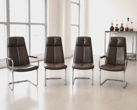 Pieff Eleganza Dark Brown Leather Dining 4 Chairs by Tim Bates 1970's (2 Carvers & 2 Chairs)