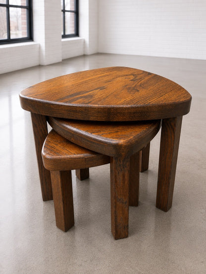 Vintage Brutalist Solid Oak Nesting Tables Set of 3 Pierre Chapo Style French Dutch 1970s
