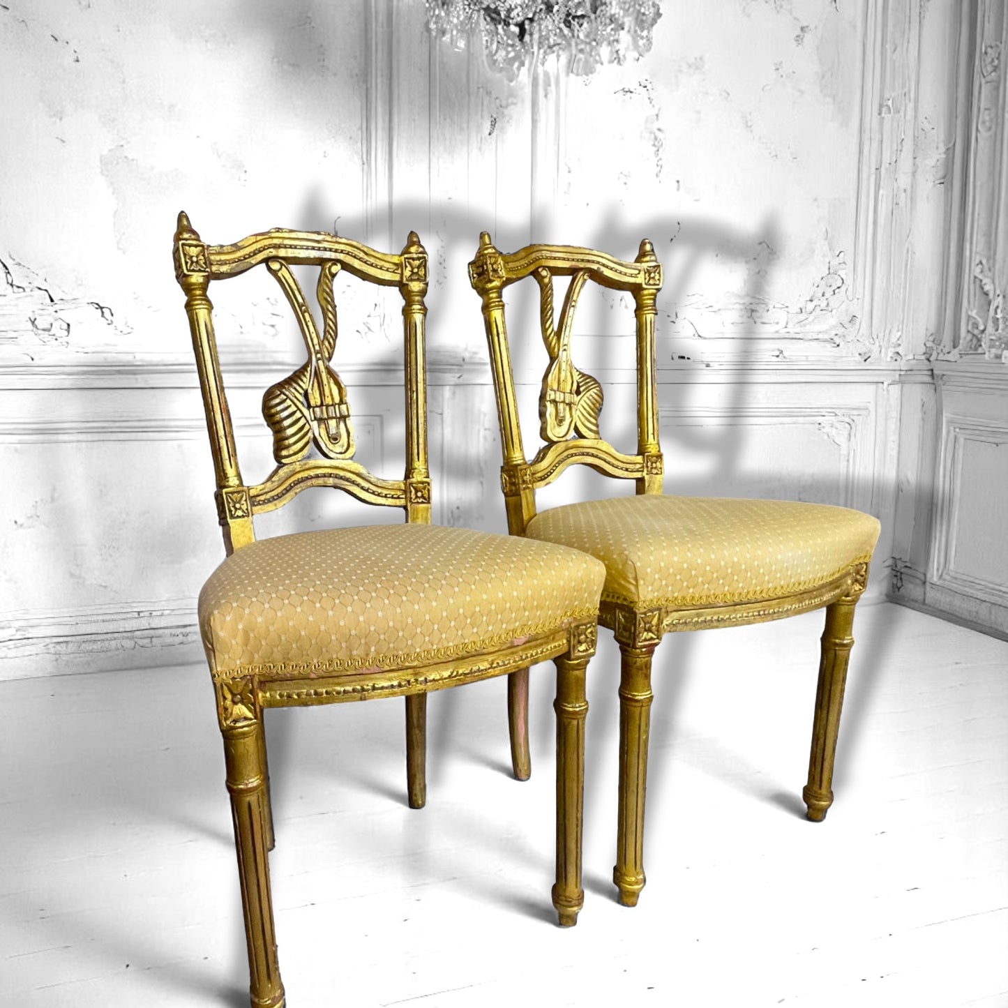 A Pair Of Antique Louis XVI Style Gilt-wood Side Chairs – Lyre Back, Fluted Legs, c.1900