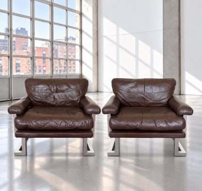 Pieff Mandarin Mid Century Pair Brown Leather & Chrome Arm Chairs 1970s