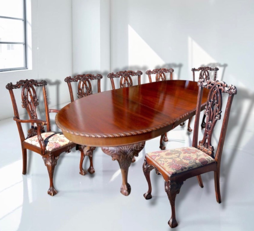 Antique Edwardian Chippendale Mahogany Extending Dining Table,8 Chairs 2 Carvers