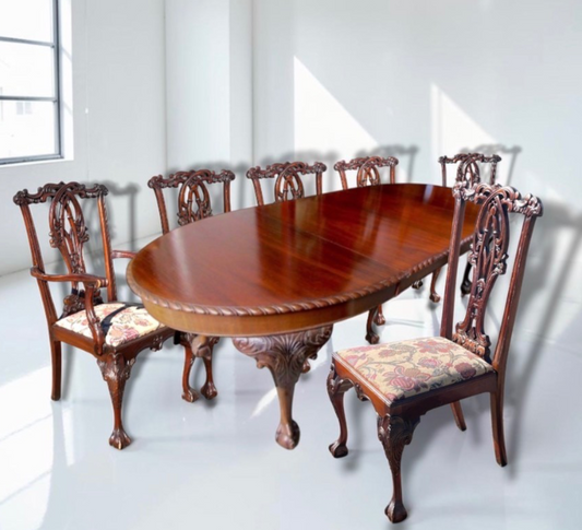 Antique Edwardian Chippendale Mahogany Extending Dining Table,8 Chairs 2 Carvers