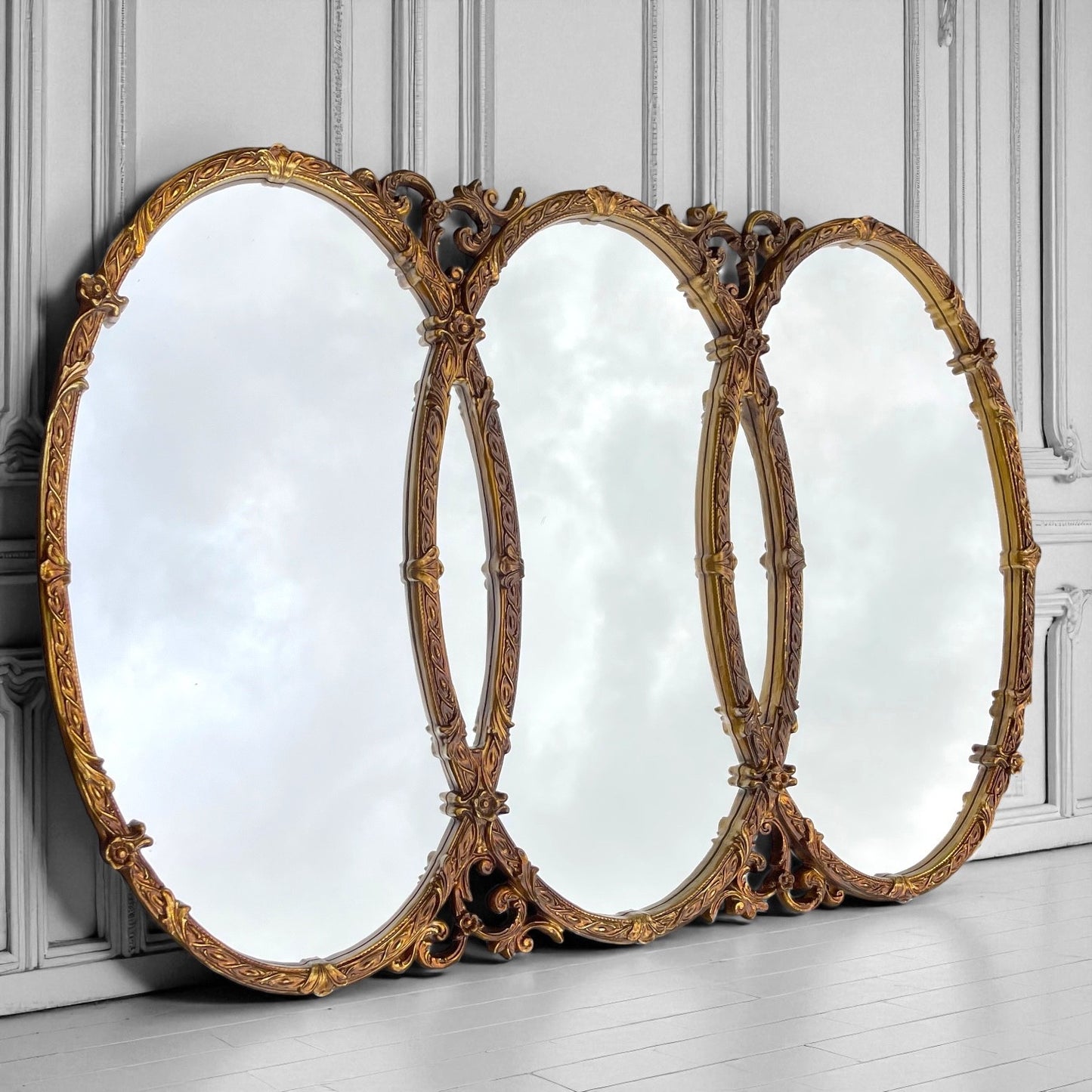 Gilt Hollywood Regency Mirror Triptych Triple Interlocking Oval Wall Bassett 1970