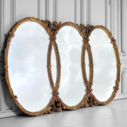 Gilt Hollywood Regency Mirror Triptych Triple Interlocking Oval Wall Bassett 1970