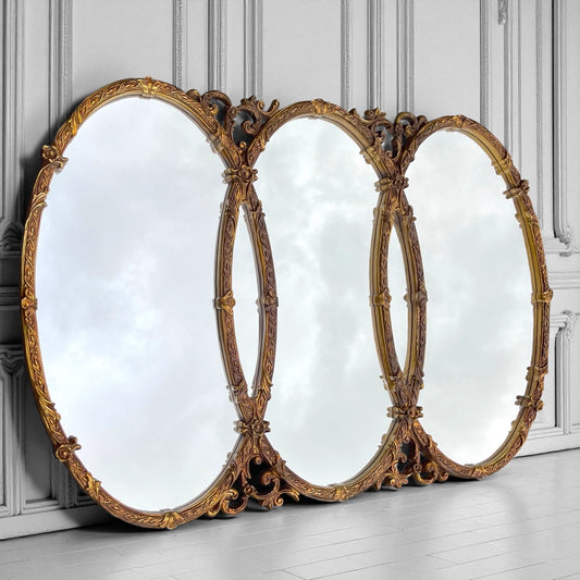 Gilt Hollywood Regency Mirror Triptych Triple Interlocking Oval Wall Bassett 1970