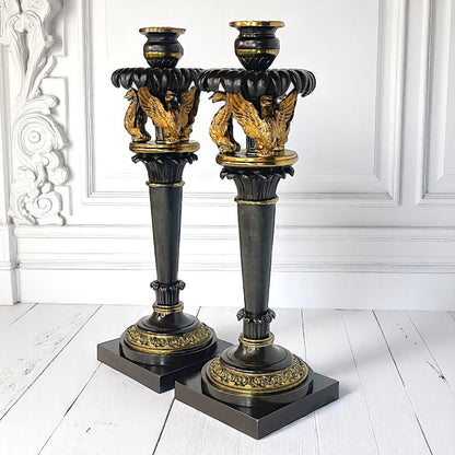 Pair of French Empire Candlesticks c.1810 – Gilt Bronze Swans – Attributed to Claude Galle
