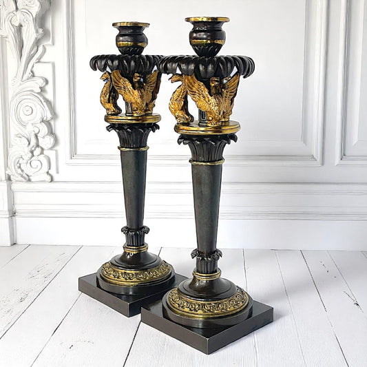 Pair of French Empire Candlesticks c.1810 – Gilt Bronze Swans – Attributed to Claude Galle
