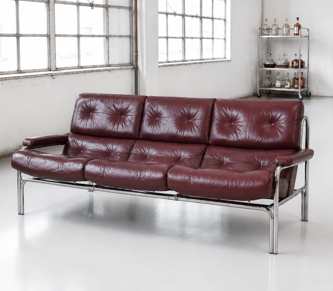 Rare Pieff Alpha 3 Seat Burgundy Sofa by Tim Bates Leather Chrome 1970's