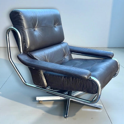 Tim Bates Pieff Alpha Original Brown Leather & Chrome Swivel Lounge Chair 1970s