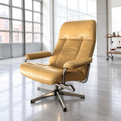 Skoghaug Model N Norwegian Cognac Leather Recliner Swivel Chair 1970