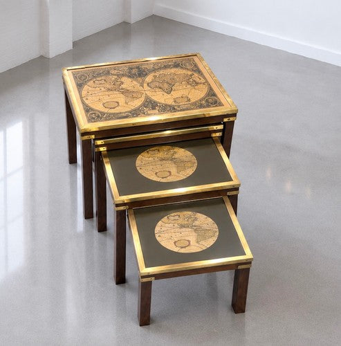 Mid-century Maison Jansen Attributed Campaign Nest 3 World Map Tables Brass c1960