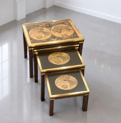 Mid-century Maison Jansen Attributed Campaign Nest 3 World Map Tables Brass c1960